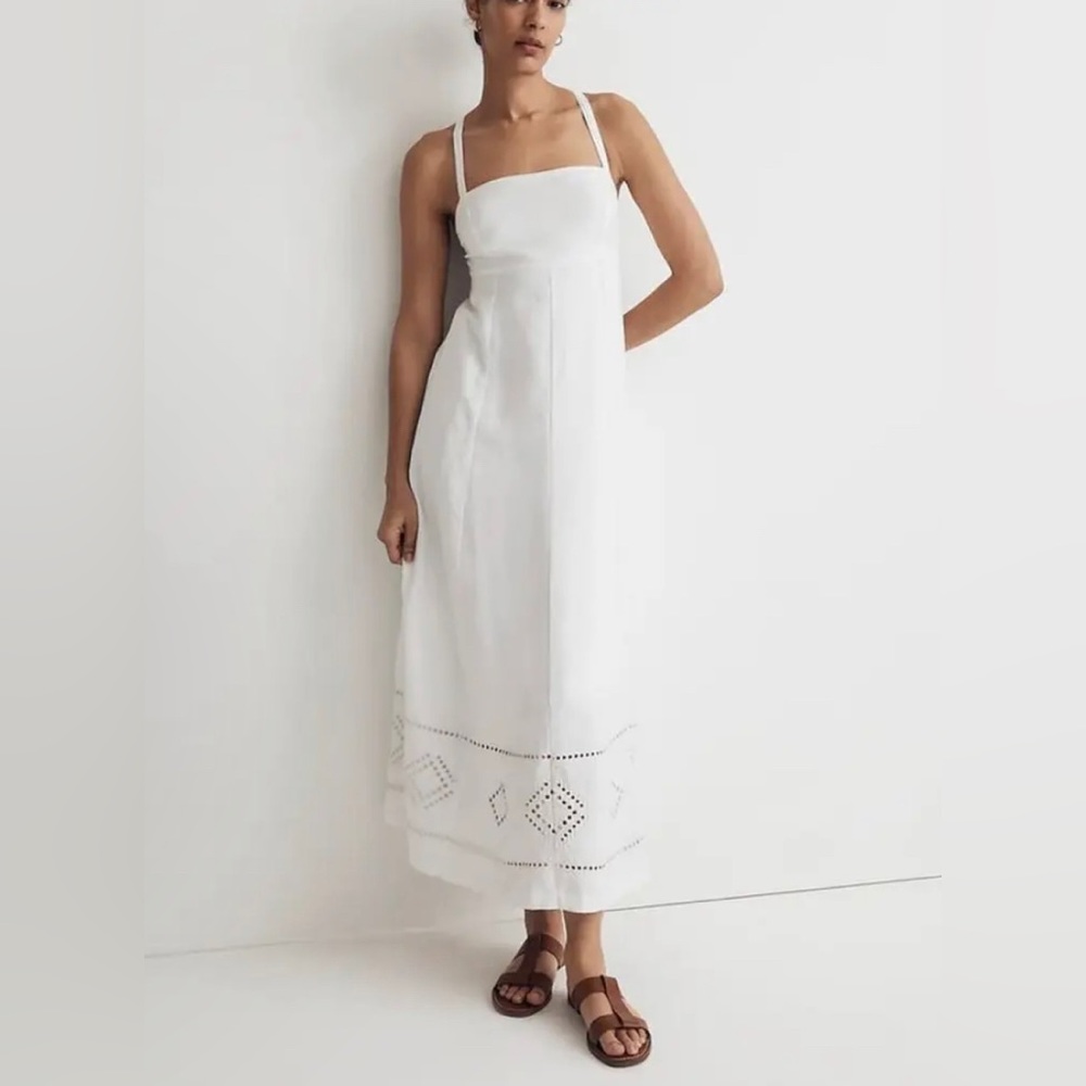 Madewell Womens Cami Midi Dress White Tie Back Eyelet Hem Linen